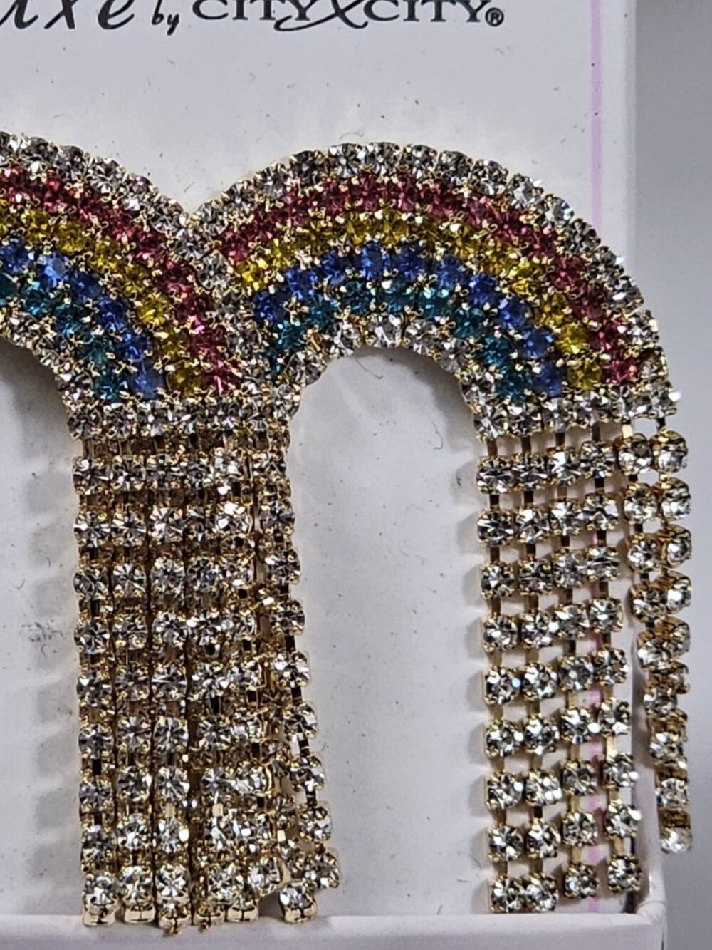 Luxe by City x City Rainbow Rhinestone Dangle Earrings Statement piece Jewelry - Picture 3 of 5